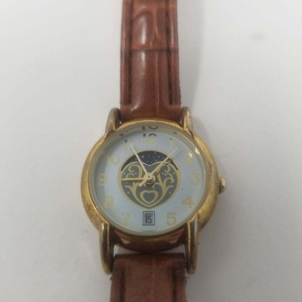 Tree of Life Brown Leather Gold Bezel Date Indicator WS89254 Women's Watch
